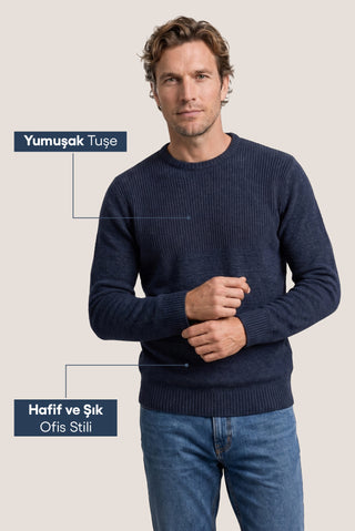 İndigo Bisiklet Yaka Slim Fit Dar Kesim Desenli Triko Kazak