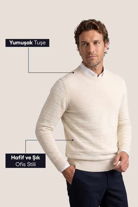 Off-white crew neck slim fit patterned knit sweater.