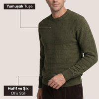 Medium Khaki Crew Neck Slim Fit Narrow Cut Patterned Knit Sweater