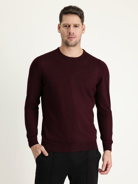 Dark Burgundy Crew Neck Regular Fit Wool Knit Sweater