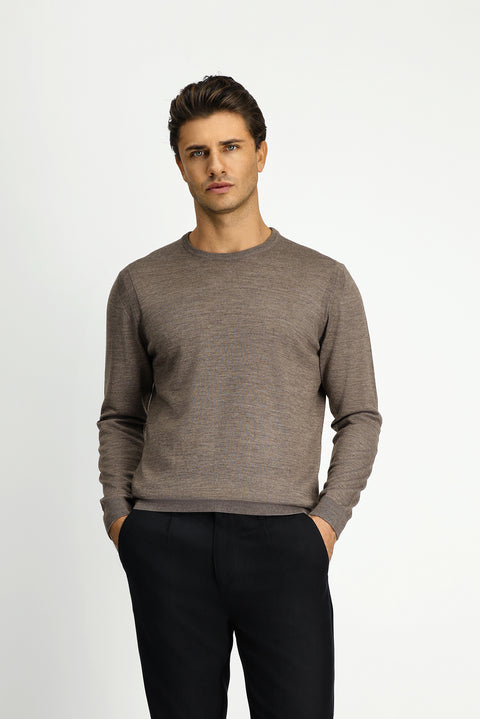 Medium Mink Crew Neck Regular Fit Wool Knit Sweater