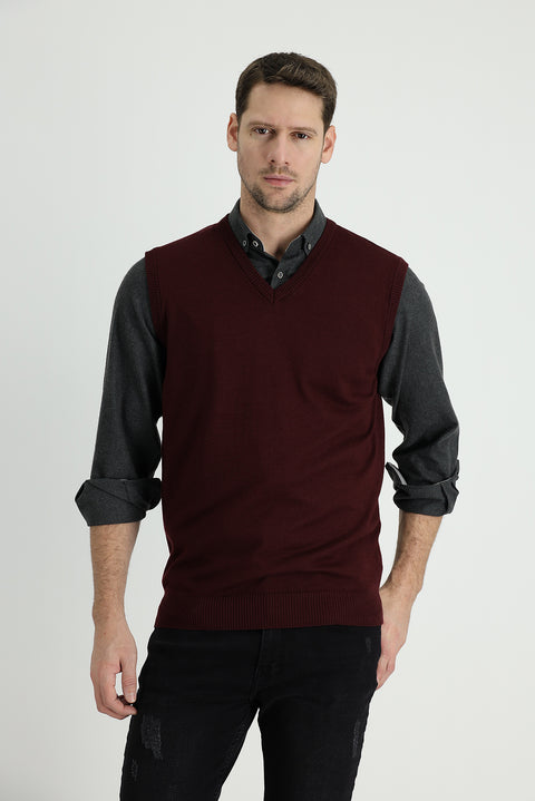 Dark Burgundy V-Neck Cotton Knit Sweater