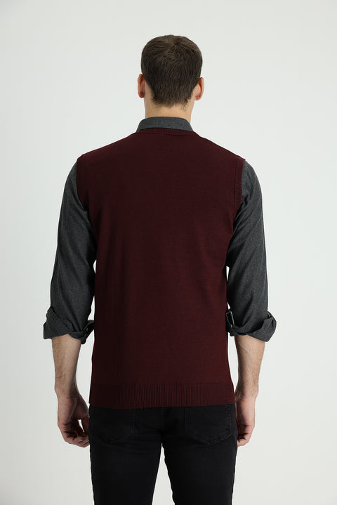 Dark Burgundy V-Neck Cotton Knit Sweater