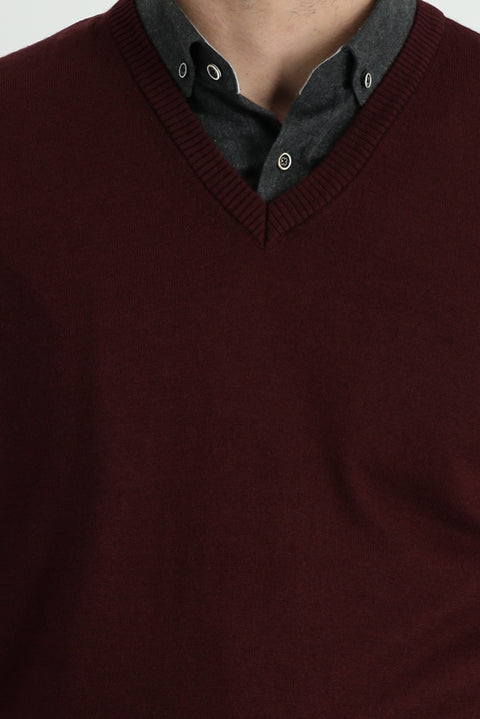 Dark Burgundy V-Neck Cotton Knit Sweater