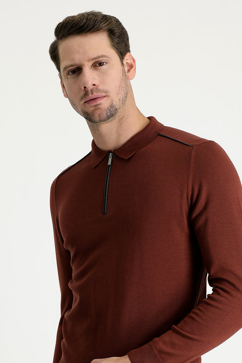 Brick Red Polo Collar Slim Fit Narrow Cut Zip-Up Patterned Knit Sweater