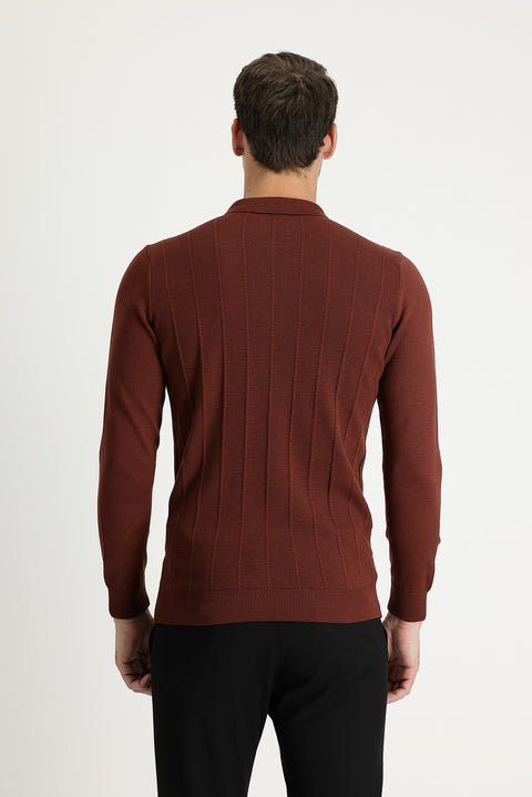 Brick Red Polo Collar Slim Fit Narrow Cut Zip-Up Patterned Knit Sweater