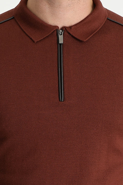 Brick Red Polo Collar Slim Fit Narrow Cut Zip-Up Patterned Knit Sweater