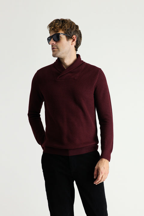 Koyu Bordo Şal Yaka Slim Fit Dar Kesim Desenli Pamuklu Triko Kazak