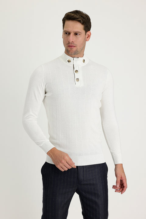 Off-white Semi-Turtleneck Slim Fit Narrow Cut Patterned Cotton Knit Sweater
