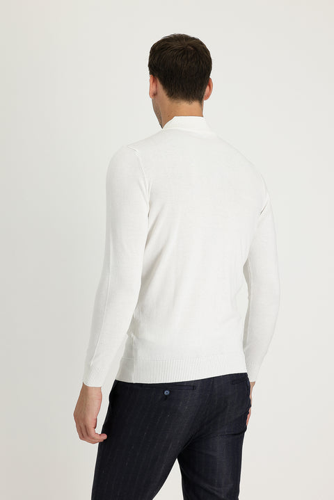 Off-white Semi-Turtleneck Slim Fit Narrow Cut Patterned Cotton Knit Sweater