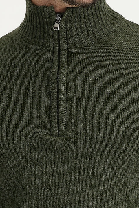 Medium Khaki Semi-Turtleneck Slim Fit Narrow Cut Zip-Up Wool Knit Sweater