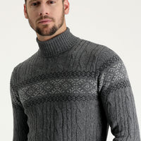 Medium Gray Turtleneck Slim Fit Narrow Cut Wool Patterned Knit Sweater