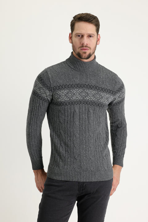 Medium Gray Turtleneck Slim Fit Narrow Cut Wool Patterned Knit Sweater
