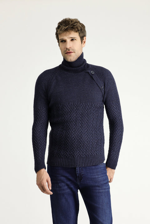 Medium Navy Melange Turtleneck Slim Fit Patterned Wool Knit Sweater