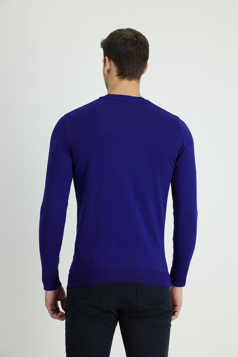 Navy Blue Crew Neck Slim Fit Narrow Cut Patterned Cotton Knit Sweater