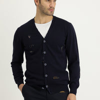 Koyu Lacivert Slim Fit Dar Kesim Desenli Pamuklu Triko Hırka