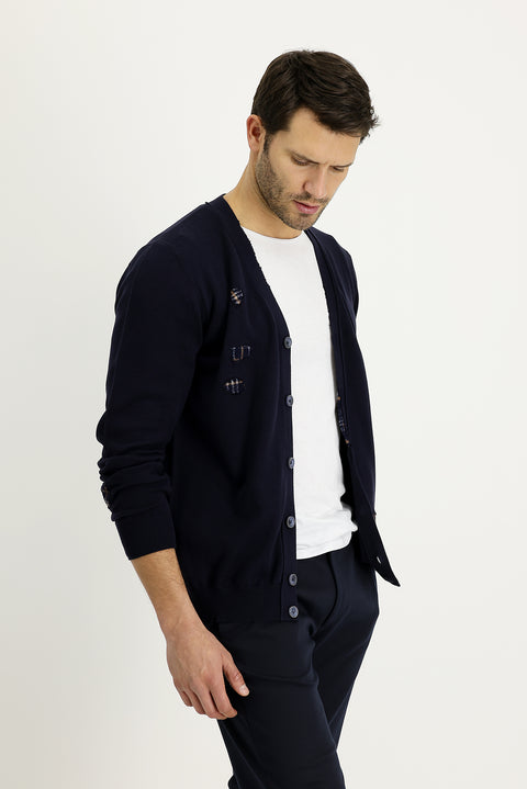 Koyu Lacivert Slim Fit Dar Kesim Desenli Pamuklu Triko Hırka