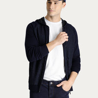 Medium Navy Hooded Zip-Up Cotton Knit Cardigan