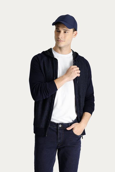 Medium Navy Hooded Zip-Up Cotton Knit Cardigan