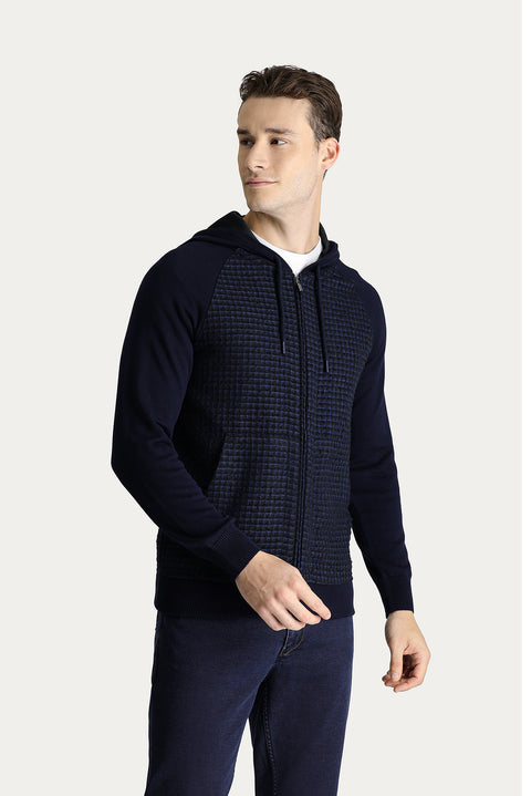 Medium Navy Hooded Zip-Up Cotton Knit Cardigan
