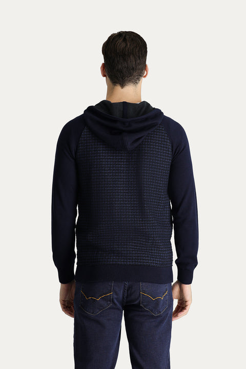 Medium Navy Hooded Zip-Up Cotton Knit Cardigan
