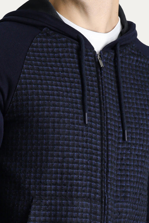 Medium Navy Hooded Zip-Up Cotton Knit Cardigan
