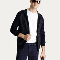 Dark Navy Hooded Zip-Up Cotton Knit Cardigan