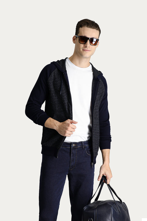 Dark Navy Hooded Zip-Up Cotton Knit Cardigan