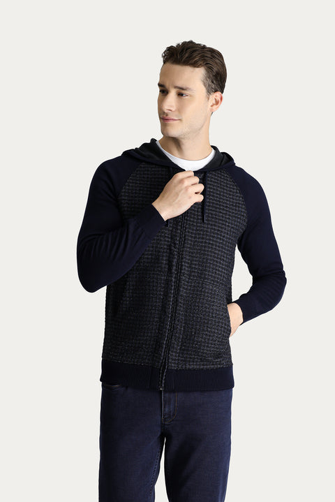 Dark Navy Hooded Zip-Up Cotton Knit Cardigan