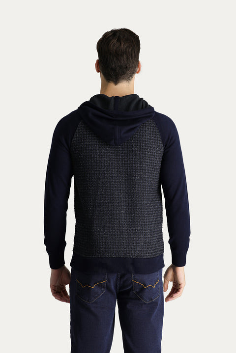 Dark Navy Hooded Zip-Up Cotton Knit Cardigan