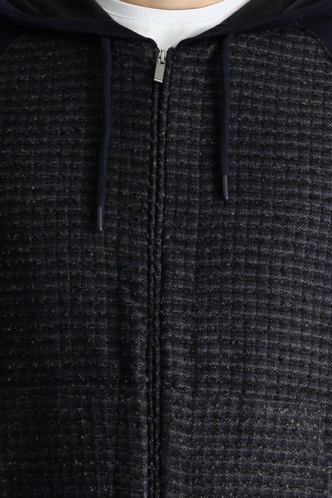 Dark Navy Hooded Zip-Up Cotton Knit Cardigan