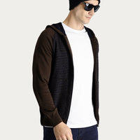 Medium Brown Hooded Zip-Up Cotton Knit Cardigan