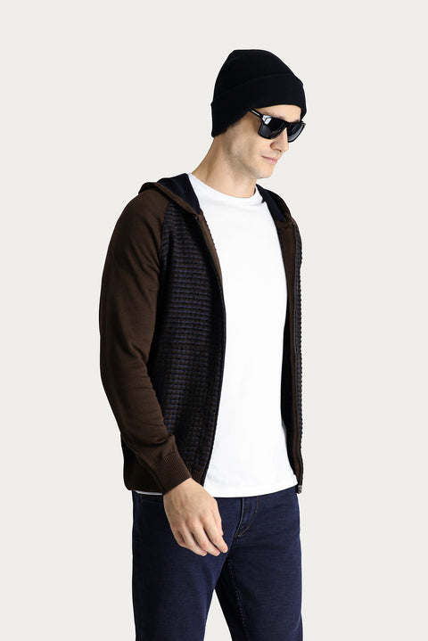 Medium Brown Hooded Zip-Up Cotton Knit Cardigan