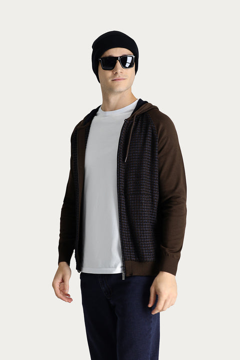 Medium Brown Hooded Zip-Up Cotton Knit Cardigan