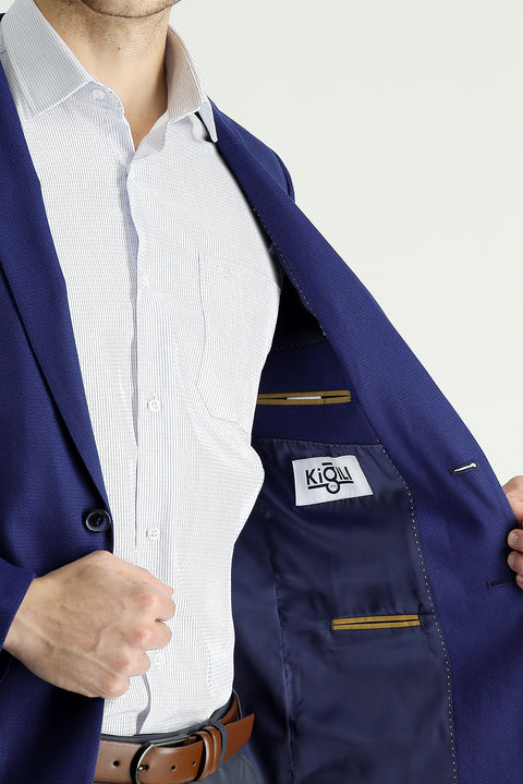 Orta Lacivert 7 Drop Super Slim Fit Eksra Dar Kesim Klasik Desenli Ceket