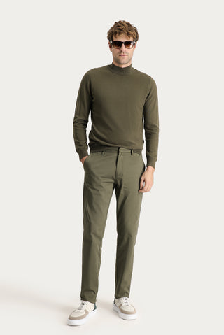 Yağ Yeşili-Olive Slim Fit Dar Kesim Likralı Saten Kanvas / Chino Pantolon