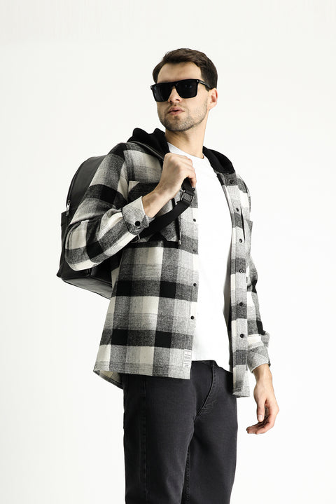 Siyah Kapüşonlu Oversize Ekose Shacket Oduncu Pamuklu Gömlek / Mont