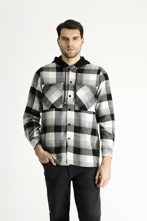 Siyah Kapüşonlu Oversize Ekose Shacket Oduncu Pamuklu Gömlek / Mont