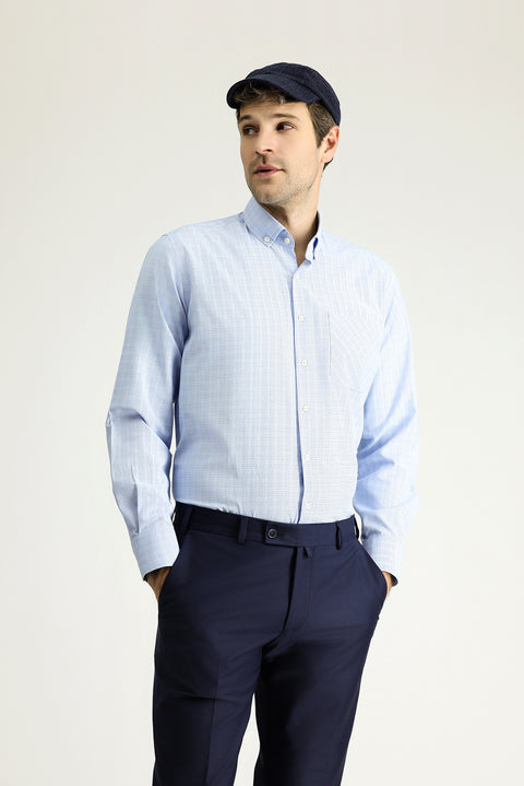 Sky Blue Long Sleeve Regular Fit Plaid Cotton Easy-Iron Button-Down Collar Shirt