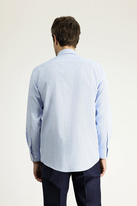 Sky Blue Long Sleeve Regular Fit Plaid Cotton Easy-Iron Button-Down Collar Shirt