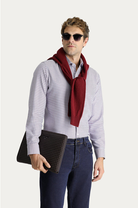 Dark Burgundy Long Sleeve Slim Fit Patterned Cotton Shirt