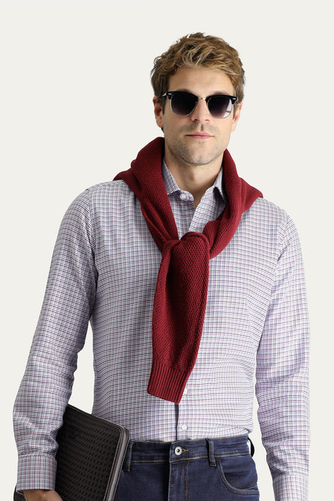 Dark Burgundy Long Sleeve Slim Fit Patterned Cotton Shirt