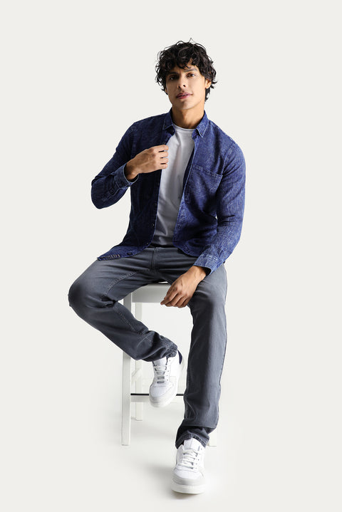 Dark Navy Long Sleeve Slim Fit Narrow Cut Denim Look Sporty Cotton Shirt