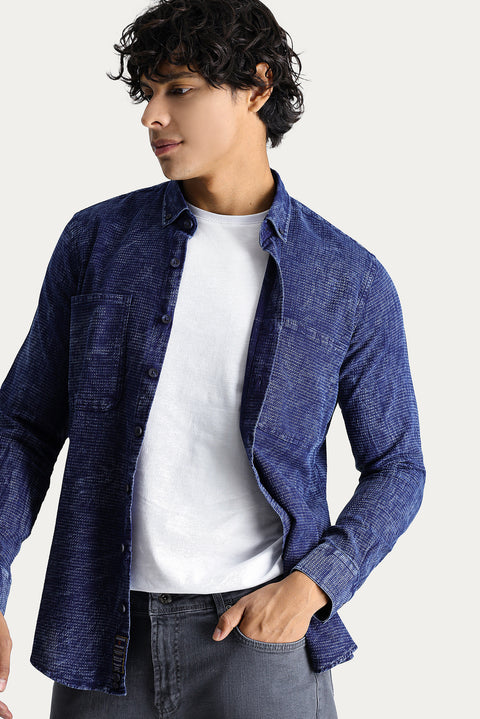 Dark Navy Long Sleeve Slim Fit Narrow Cut Denim Look Sporty Cotton Shirt