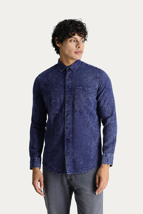 Dark Navy Long Sleeve Slim Fit Narrow Cut Denim Look Sporty Cotton Shirt