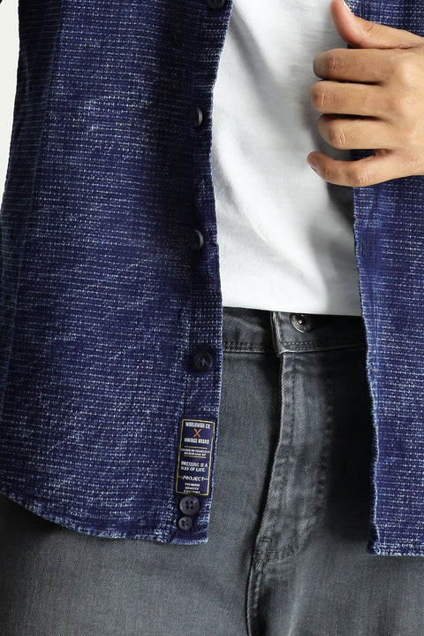 Dark Navy Long Sleeve Slim Fit Narrow Cut Denim Look Sporty Cotton Shirt