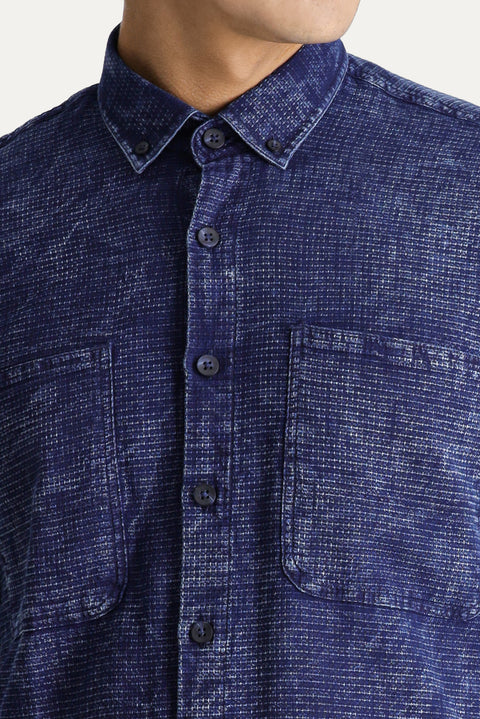 Dark Navy Long Sleeve Slim Fit Narrow Cut Denim Look Sporty Cotton Shirt