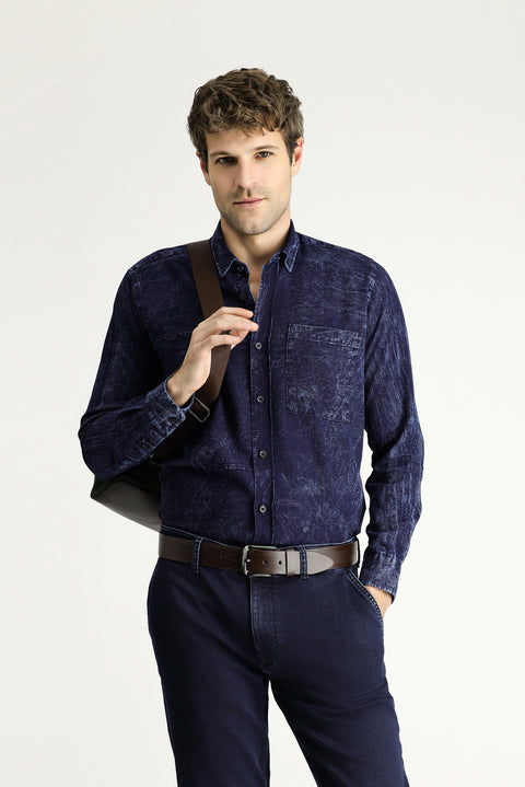 Indigo Long Sleeve Slim Fit Narrow Cut Denim Cotton Shirt