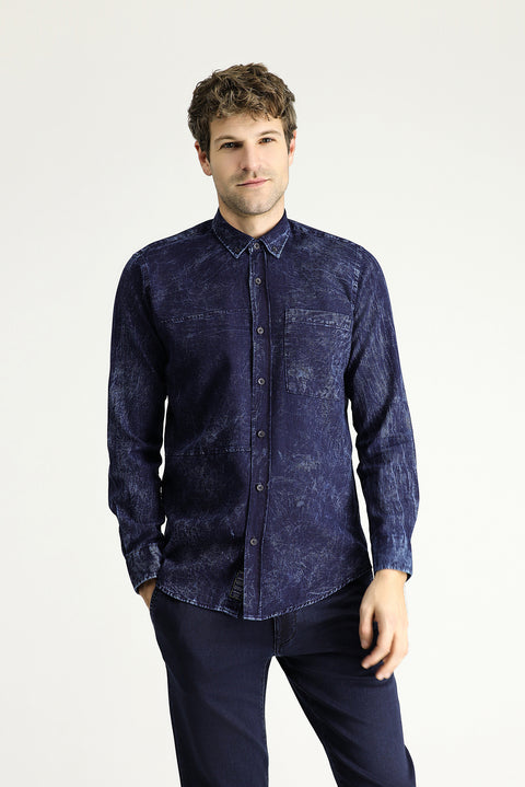 Indigo Long Sleeve Slim Fit Narrow Cut Denim Cotton Shirt