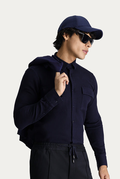 Dark Navy Long Sleeve Slim Fit Cotton Sports Shirt